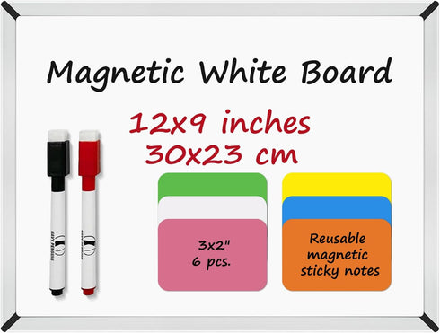 White Board Set - 12 x 9" Dry Erase Board with 2 Markers and 6 Magnetic Labels - Double-sided Wall Hanging
