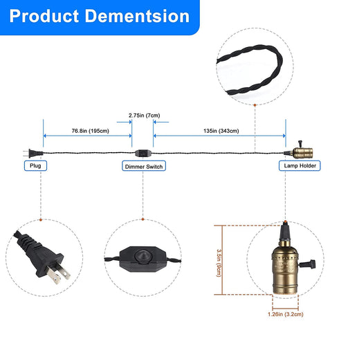 15FT E26 Simple Deluxe Pendant Light Cord, Suitable Socket with Switch, Twisted Black Cloth Plug in Hanging Light Kit