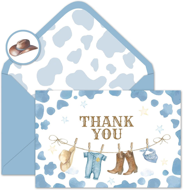 Whaline 50 Pack Western Cowboy Baby Shower Thank You Card Boxed Blue