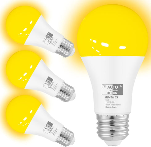 Dusk to Dawn Bug Light Bulbs, 9.5W LED, 1900K Amber Yellow, 600 Lumen, A19 E26, 4-Pack, HQ-H018