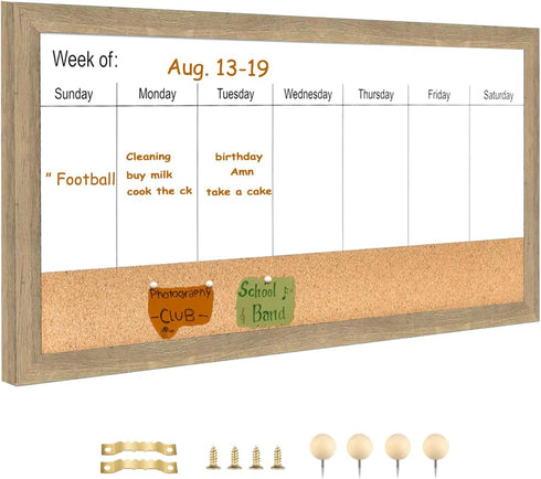 Magnetic Weekly Dry Erase White Board and Cork Board, Rustic Brown Wood Frame for Home Office and Wall Decor