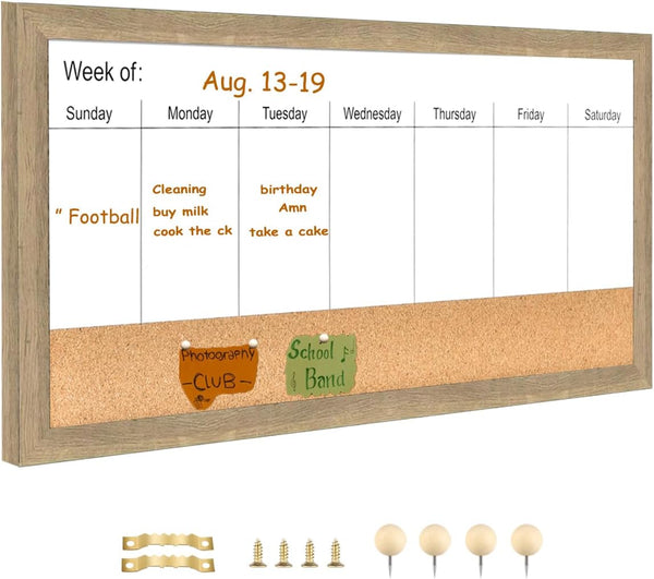 Magnetic Weekly Dry Erase White Board and Cork Board, Rustic Brown Wood Frame for Home Office and Wall Decor