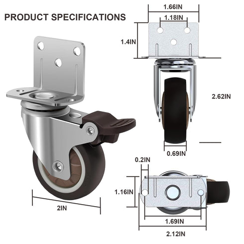 2 Inch Set 4,Rubber 300 LBS. Side Mount Casters of L-Shaped Small casters,Caster Wheels for Furniture casters,Crib