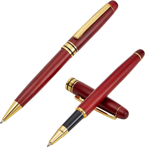Juvale 2-Pack Luxury Ballpoint Pen Set for Men - Cherry Red Wood Finish, Brown - Smooth 0.7mm Black Ink