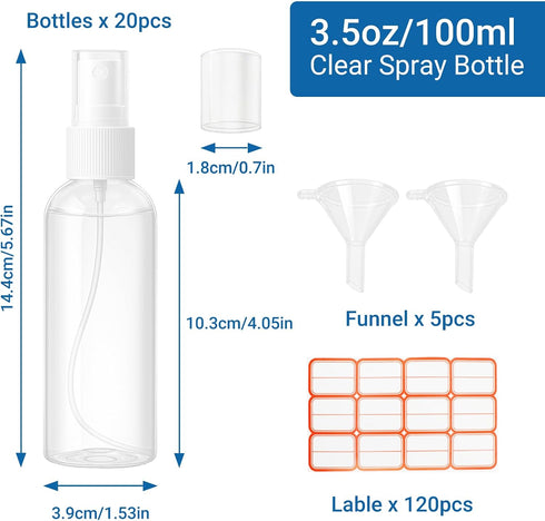 IUMLXJO 20Pcs 100ml/3.5oz 120Pcs Small Spray Bottles, Plastic Travel Bottles with Funnels & Labels, Clear Empty