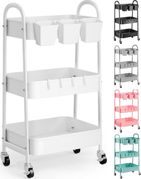 Recximi 3 Tier Heavy Duty White Metal Rolling Cart with Lockable Wheels, Three