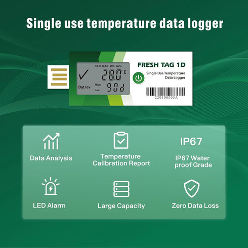 Freshliance Temperature Data Logger LCD Single Use with PDF Report, 180 Days, 1 Pack