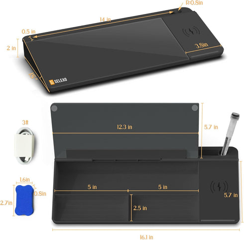 SELEAD Desktop Glass Whiteboard with Wireless Charger Station, Dry Erase Board Computer Pad with Organizer for Home