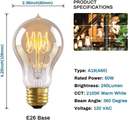 New Lights Bulbs, 60 A19 Bulbs, Dimmable Bulbs, 2100K E26 6 Pack Warm Edison Light Watt Vintage Incandescent Light