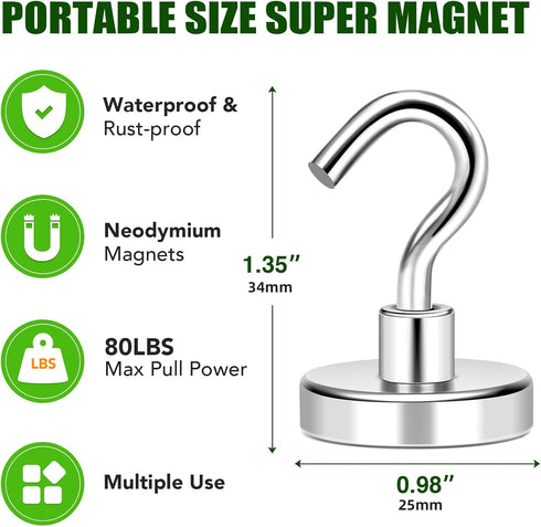 MIKEDE 12 Pack Heavy Duty Magnetic Hooks, 80lbs Strong Magnets for Cruise Cabins and Refrigerators