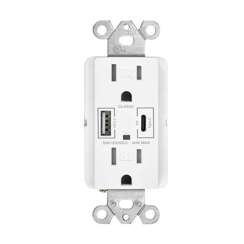 Maxxima 15A USB Wall Outlet Receptacle, 30W Power Delivery QC 3.0 with 2 Standard Outlets