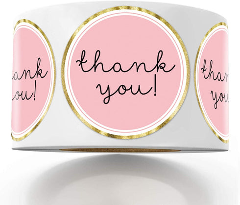 Chic Gold Thank You Labels, Round Pink Adhesive Stickers, 1.4 Inch, 500 Pack