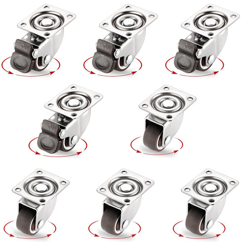 8Pcs Small Caster Wheels, 1 Inch, Low Profile Swivel Casters, Rubber Base Rolling Metal Plate for Small Furniture