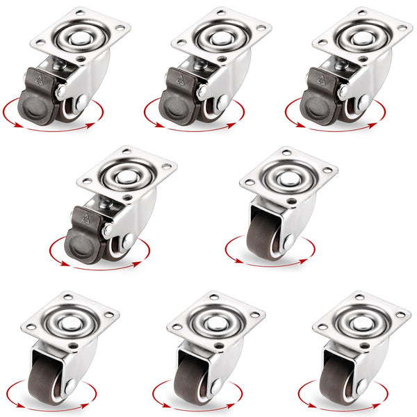 8Pcs Small Caster Wheels, 1 Inch, Low Profile Swivel Casters, Rubber Base Rolling Metal Plate for Small Furniture