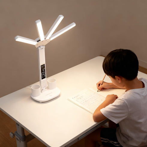 niccryle 3 Dimmable Led Desk Lamp with Clock Foldable Study Lamp Lighting Modes Table Lamp Eye Caring Reading Lamp
