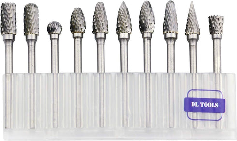 DLtools 10pcs Double Cut Tungsten Carbide Rotary Burr Set for Metal Carving, Drilling, Polishing Bits