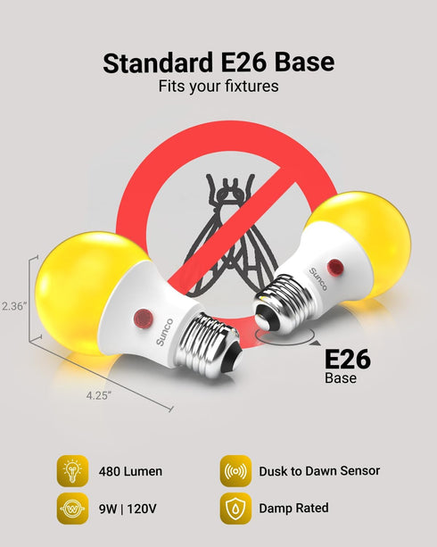 Sunco Lighting 2 Pack A19 LED Bug Light Bulbs, Outdoor Yellow Dusk to Dawn, 9W Auto On/Off, Photocell Sensor