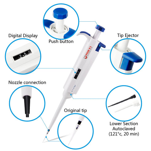 FOUR E'S SCIENTIFIC Adjustable Variable Volume Micropipette, Single Channel Pipettor for Laboratory (0.1-2.5uL)
