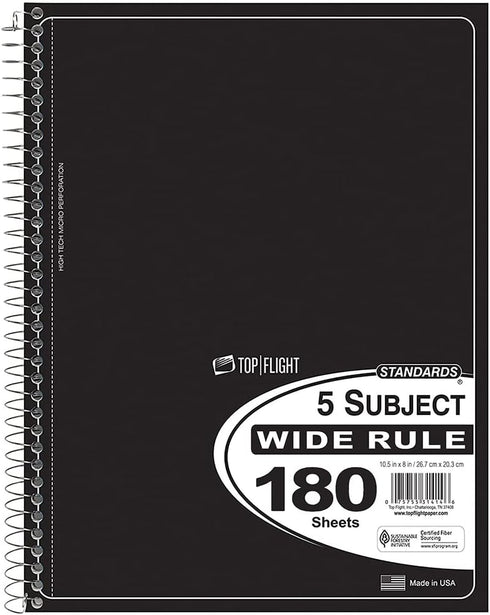 Top Flight Standards 5-Subject Wirebound Notebook, 180 Sheets, 3-Hole Punched, Wide Rule, 10.5 x 8 Inches