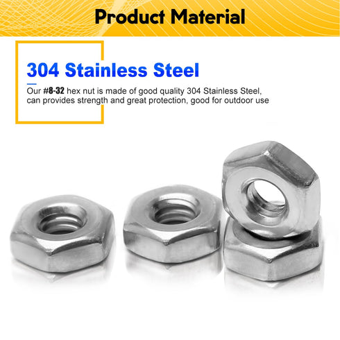 Mriuuod 100pcs #8-32 11/32" 1/8" 304 8-32 Hex Nuts, Width, Height, Stainless Steel, Hex Drive, UNC Small Nuts