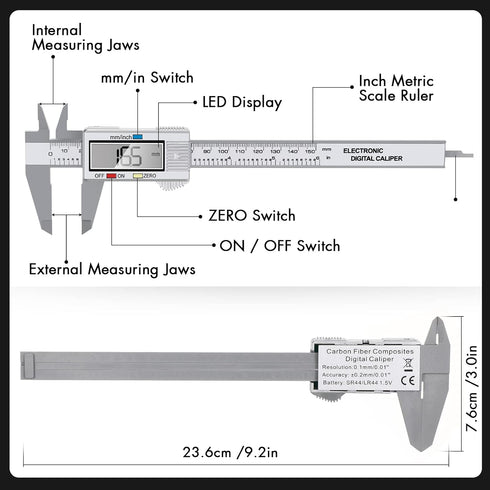 Electronic Digital Caliper, LCD | 0 to 6 inch, inch/mm Conversion, Automatic Shutdown, Ideal for Home/Jewelry/DIY