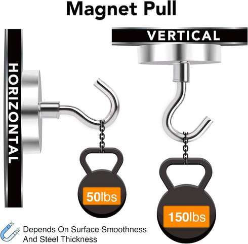 MIKEDE Heavy Duty Magnetic Hooks, 150Lbs+ Super Strong Neodymium Earth Magnets with Hook for Hanging - 4 Pack