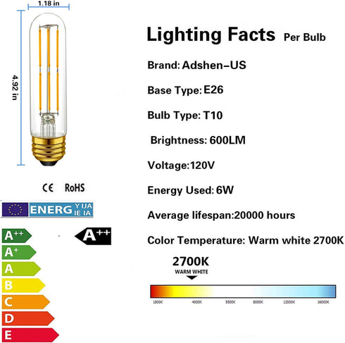 Adshen-US T10 Bulbs,Warm 2700K,6W Dimmable Bulbs 60 Equivalent,E26 Bulb Lights,4-Pack LED Tubular Light White Tube