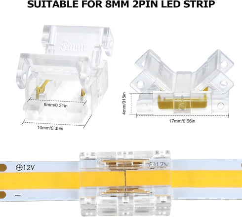LightingWill LED Connectors 2Pin 8mm, 10 PCS Strip to Strip Connector Transparent Solderless, Unwired Gapless Tape Light Connector, No Dark Area for COB/SMD 2835 3528 Single Color LED Strips by LightingWill