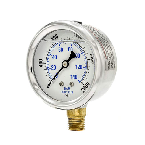 PIC Gauges PRO-201L-254O Pressure Gauge, 0-2000 PSI, 2 1/2" Dial, 1/4" Male NPT, Bottom Mount, Glycerin Filled