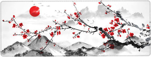 Watercolor Cherry Blossom Mouse Pad 31.5x11.8 Inch, Pink Full Desk, Non-Slip Rubber Base, Waterproof Big Keyboard Mat