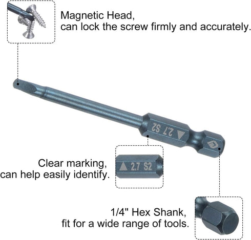 Magnetic Triangle Drill Bit Set, 2.7mm 65mm Length 1/4 Inch Hex Shank S2 Steel Triangular Screwdriver Bits