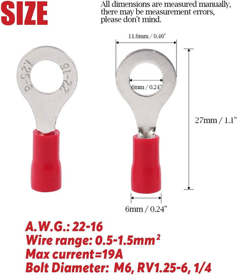 Hilitchi 100Pcs 22-16 Gauge Insulated Ring Terminals, Electrical Wire Crimp Connectors (M6, Red)