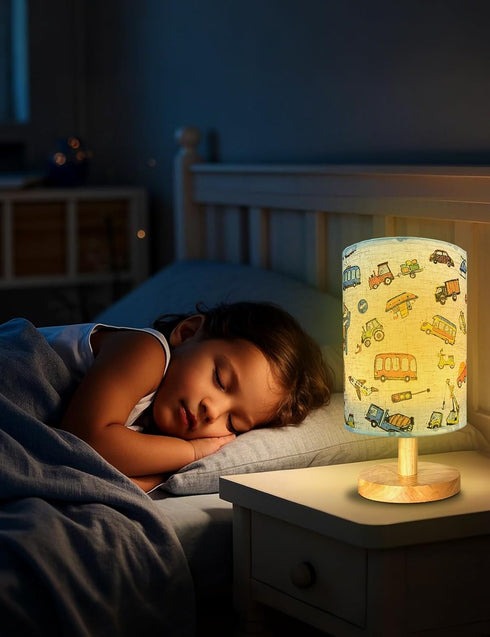 Lamp,3 Dimmable Kids Lamps for Bedrooms Boys,Car Level Wood Nightstand Desk Base Flaxen Fabric Shade for Bedroom Living