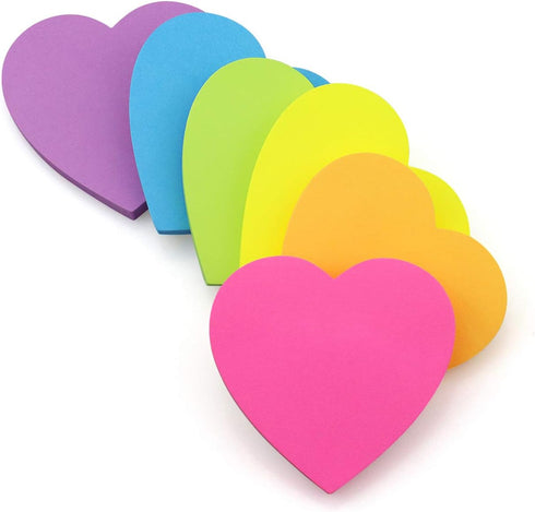 Heart Shape Sticky Notes, 6 Bright Colorful Pads, 75 Sheets/Pad, Self-Sticky Note Pads
