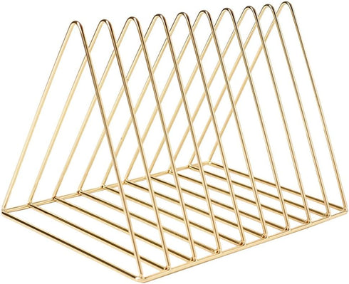 Sooyee 9 Slot Gold Magazine Holder, Desktop File Sorter Organizer, Triangle Bookshelf Decor for Home Office