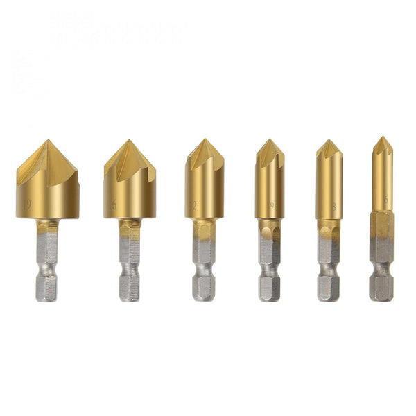 uxcell Countersink Drill Bit Set, 6mm 8mm 9mm 12mm 16mm 19mm Dia, 1/4 Hex Shank, 90 Degree Chamfer Tool, 6pcs