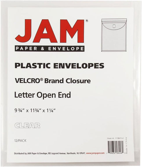 JAM PAPER Plastic Expansion Envelopes with Hook & Loop Closure - Clear - Letter Open End - 9 3/4 x 11 3/4 with 1 Inch
