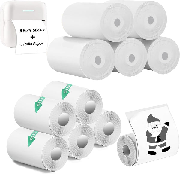 5 Rolls Thermal Printer Paper & 5 Rolls Self-adhesive Stickers, White Printer