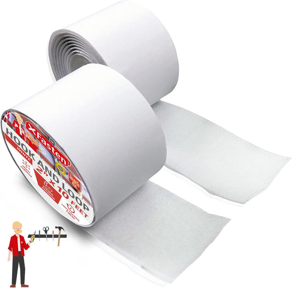 Hook and Loop Roll, White, 2-in x 10-Ft Heavy Duty Tape with Adhesive for Fabric and Tools