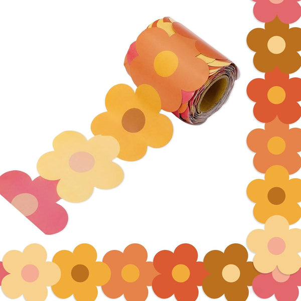Whaline 32.8ft Groovy Retro Hippie Flower Bulletin Board Borders, Boho Flower Die-Cut Trim for School and Office