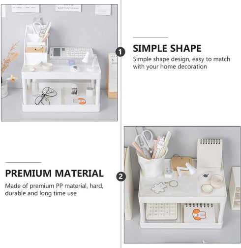 Hemoton Desktop Storage Rack Organizer, Double-Layer Cosmetic Stationery Holder for Kitchen Bathroom Office, White