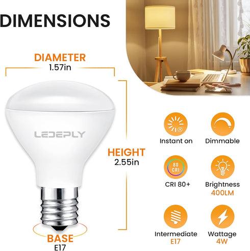 R14 LED Bulb, 4W=40W, Dimmable, E17 Base, Mini LED Reflector Floodlight Bulb, 400 Lumens, 2700K Warm White, 4 Pack by LEDEPLY