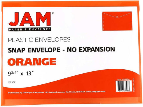 JAM PAPER 12/Pack Plastic Envelopes with Snap Closure - Orange - Letter Booklet - 9 3/4 x 13