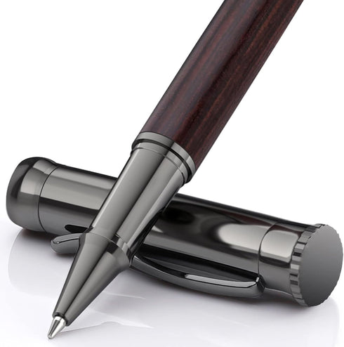 WEMATE Wood Rollerball Pen Set, Fancy Writing Pen with 2 Extra Ink Refills (1 Black & 1 Blue), Black Oak