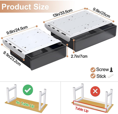 Under Desk Storage Organizer, 2 Pack Slide Out Large & Medium Drawers, Attachable Pencil Tray for Desktop