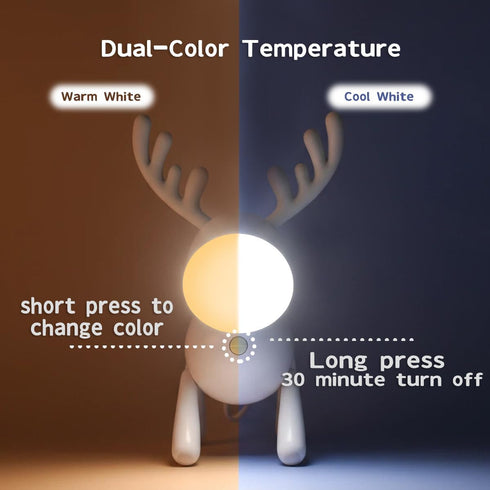 ANJOGIFT Dimmable LED Kids Night Light Cute Reindeer Elk Lamp-USB Rechargeable, Color Temperature and Brightness