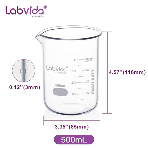4pcs 500ml Upgraded Thick Glass Beakers, Griffin Low Form Beaker Set with Double Scale, 3.3 Boro