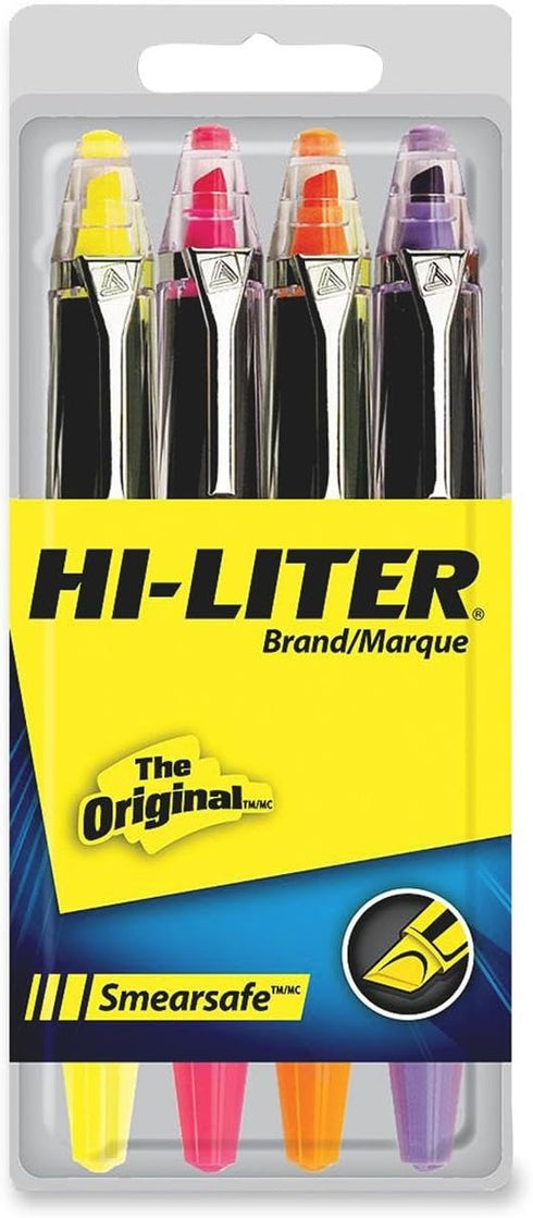 HI-LITER SmearSafe Fluorescent Highlighter, Chisel Tip, Orange/Pink/Purple/Yellow, 4 per Set (49349)