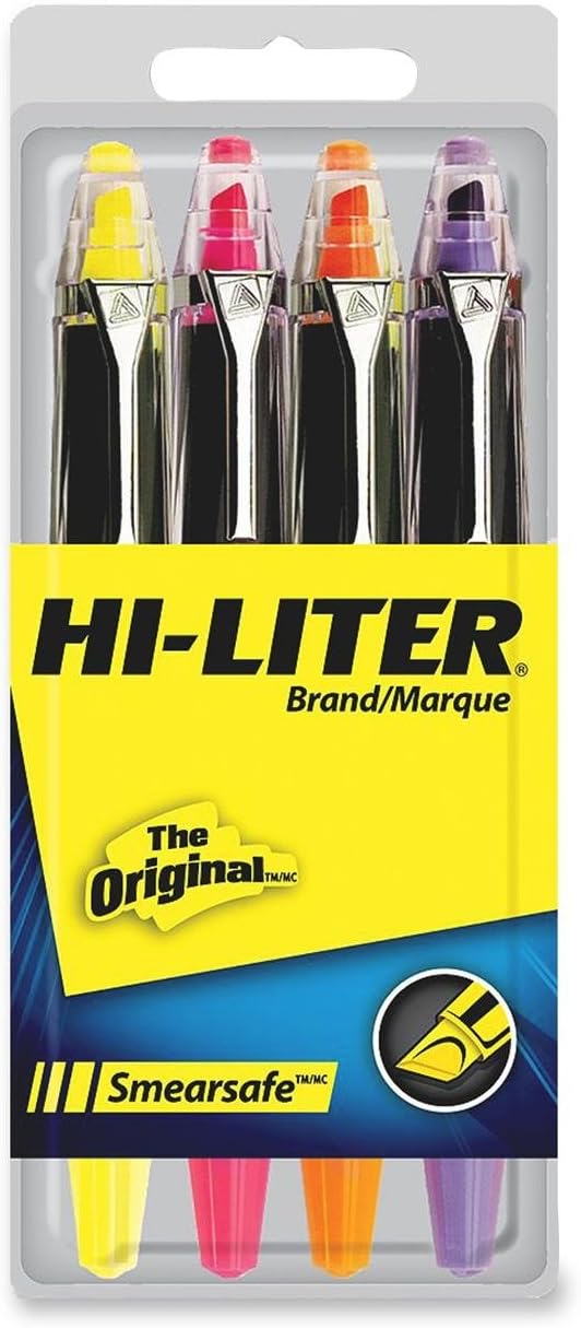 HI-LITER SmearSafe Fluorescent Highlighter, Chisel Tip, Orange/Pink/Purple/Yellow, 4 per Set (49349)