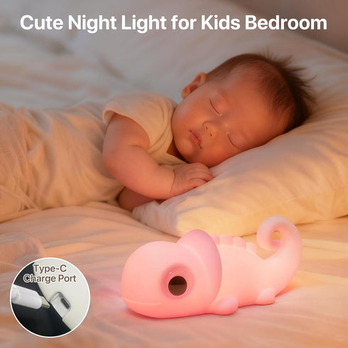 3 Dimmable Cute Chameleon Night Light for Kids Rechargeable, Battery Operated Nightlight Level with RGB&Timer, Silicone